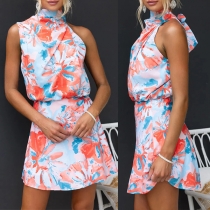 Mode blommig tryckt Self-tie Mock Neck ärmlös miniklänning