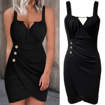 Fashion Chain V-ringat Knapp Oregelbunden Hemlinje Bodycon Klänning