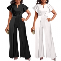 Elegant slitsad V-ringad kepsärm Jumpsuit med vida ben