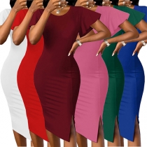 Mode Ruffle Kortärmad Rund Hals Sido Slits Bodycon Klänning