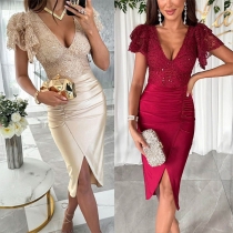 Sexig V-ringad volang med kort ärm Slit Spets Splits Bodycon Klänning