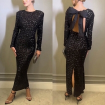 Bling-bling Mode Rundhals-Selbstbinde-Schleifenkreuz rückenfreies Partykleid