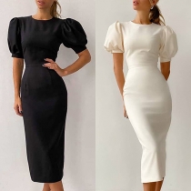 Mode rund hals Puff Kortärmad Bodycon Klänning