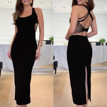 Sexig Bodycon-klänning med fyrkantig hals i kors och tvärs, samt ryggslits