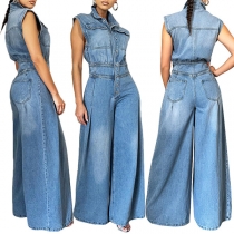 Krage med rund hals Ärmfri och utsvängd Jumpsuit i gammal tvättad denim
