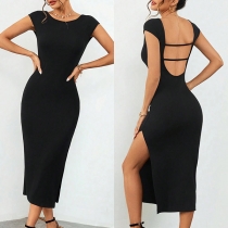 Mode rund hals ärmlös rygglös slits Bodycon Klänning.