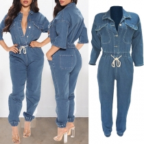 Fashion Standkrage Knapp Armbåge Ärm Elastisk Midja Denim Jumpsuit