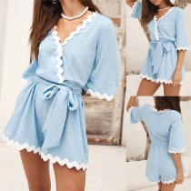 Fashion Contrast Color Wave Hemline V-ringad Kortärmad Self-tie Romper