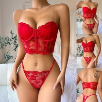 Fashion Rose TVÅDELAD Broderad Spets Strapless Underkläder Set
