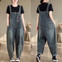 Mode gammaltvättad löst denim jumpsuit