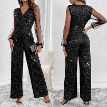 Mode Bling-bling Gaze Splits långärmad V-ringad Rak skuren Jumpsuit