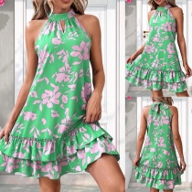 Mode blommig tryckt ärmös Halter Neck miniklänning med volang detaljer