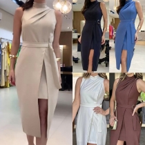 Elegant Mock Neck Ärmlös Slit Bodycon Klänning