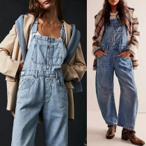 Vintage Denim Jumpsuit med Patch-fickor och Rakskurna, Gammalt tvättade