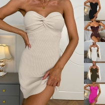 Knot Ruched Strapless Ärmlös Bodycon Stickad Klänning