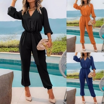 V-ringad Jumpsuit med ärmar och självknytande midja