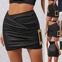 Street Fashion Ruched Side Dragkedja Asymetrisk nederkant PU kjol