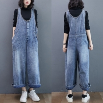 Bekväma vintage sidofickor Avslappnad gammal tvätt lös denim jumpsuit