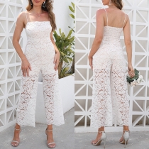 Mode fyrkantig hals ärmfritt ryggfritt rak beskuren spets jumpsuit