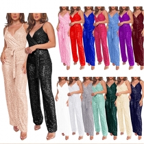 Bling-bling moda V-ringad paljett. Självknytande jumpsuit med rak skärning