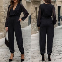 Fashion Gaze Långärmad V-ringad Jumpsuit med Spliced Design