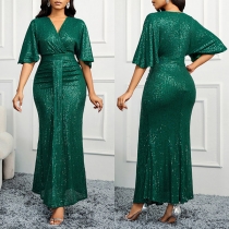 Glamorös blingbling paljett V-ringad kortärmad Ruched Bodycon party dress