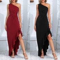 Sexig One-Soulder Sleeveless Oregelbunden Hemline Ruffle Bodycon Klänning
