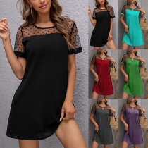 Casual Polka Dot Print Split Round Neck Short Sleeve Mini Dress