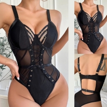 Sexig Spetsig Snörning Halvtransparent Gaze Spliced Underkläder Bodysuit