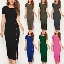 Mode kortärmad knappslits Bodycon-klänning med rund hals