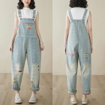 Casual broderad vintage tvättad denim jumpsuit