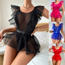 Sexig Halvtransparent Gaze Splits Ruffle Underkläder Bodysuit