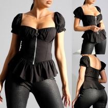 Sexig blus med dragkedja Sweetheart Neckline Cap sleeve volanger Hemline 