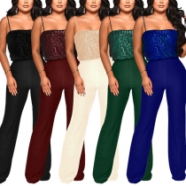 Sexig scintillating fyrkantig halsad paljett bodice skarvad chiffong jumpsuit i en rak modell.