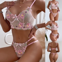 Sexig rosa vintage blommigt broderi tvådelat underkläderset