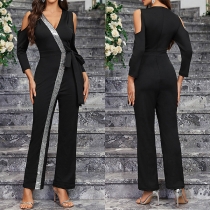 Bling-bling V-ringad Långärmad med öppen axel med självknytande rakt skuren overall med stil