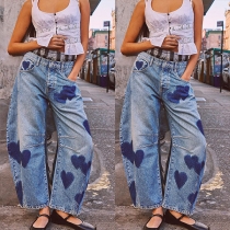 Gatan Stil Hjärttryckt Midjehöga Avslappnade Jeans för Damer
