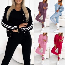 Stripe Fashion Stylish Sportswear Set includes jacket, top, and workout pants