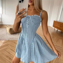 Sexig snörning Plisserad denimklänning med Sweetheart Neckline