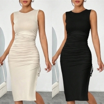 Mode enfärgad rund hals ärm sida Dragsko Slit Bodycon Klänning - Slit Bodycon Dress with Solid Color, Round Neck, Arm-Side Drawstring