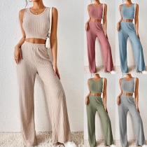 Fashion Ribbed Set med Crop Top och raka byxor