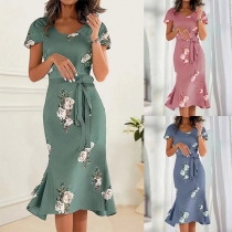 Spetsig blommig tryckt rundhalsad kortärmad Self-tie Bodycon Klänning