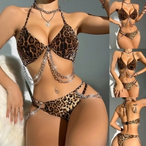 Chic Leopard Print Chain Tvådelat Underkläder Set