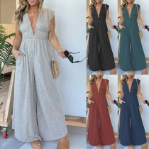 Mode enfärgad Jumpsuit med V-ringad isärms detaljer för långa kvinnor