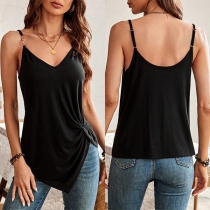 Sexig V-ringad sidoknut slits axelkedja Cami Top