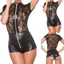 Mode Mock Neck Kortärmad Front Dragkedja Spets Splitsad konstläder Underkläder Einteiler