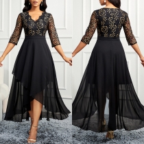 V-ringad Ärm Festklänning med Elegant Blommig Spets och Chiffong Hemline