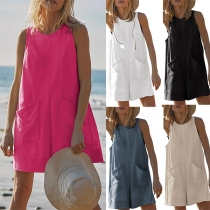 Beige Sommar Lätt Ribbad Ärmlös Overall med Fickor