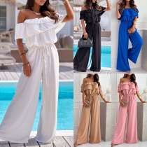 Mode volang Off-the-shoulder Dragsko Elastisk midja Jumpsuit med vida byxor