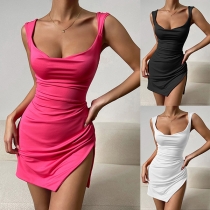 Sexig draperad fyrkantig hals med självknuten rygglös Bodycon-klänning.